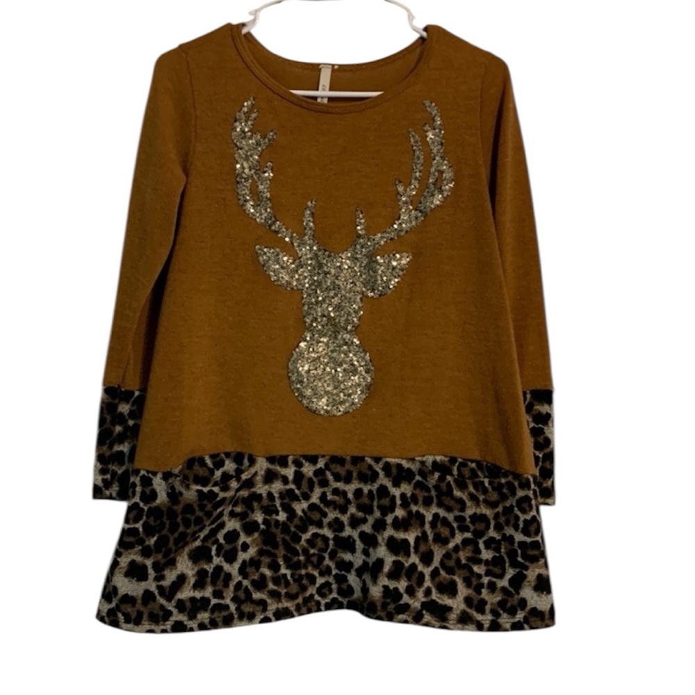 Lilypad Women’s Mustard Leopard & Sequined Deer Blouse Top Shirt - Picture 1 of 5